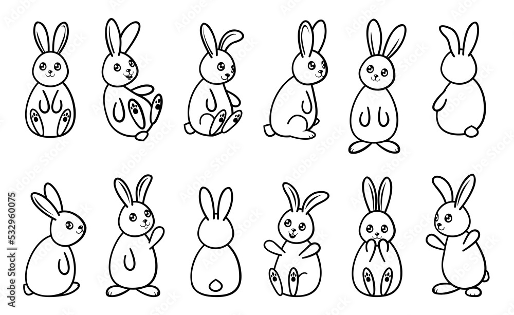 Bunny cartoon illustration set. Black thin line art cute animal ...