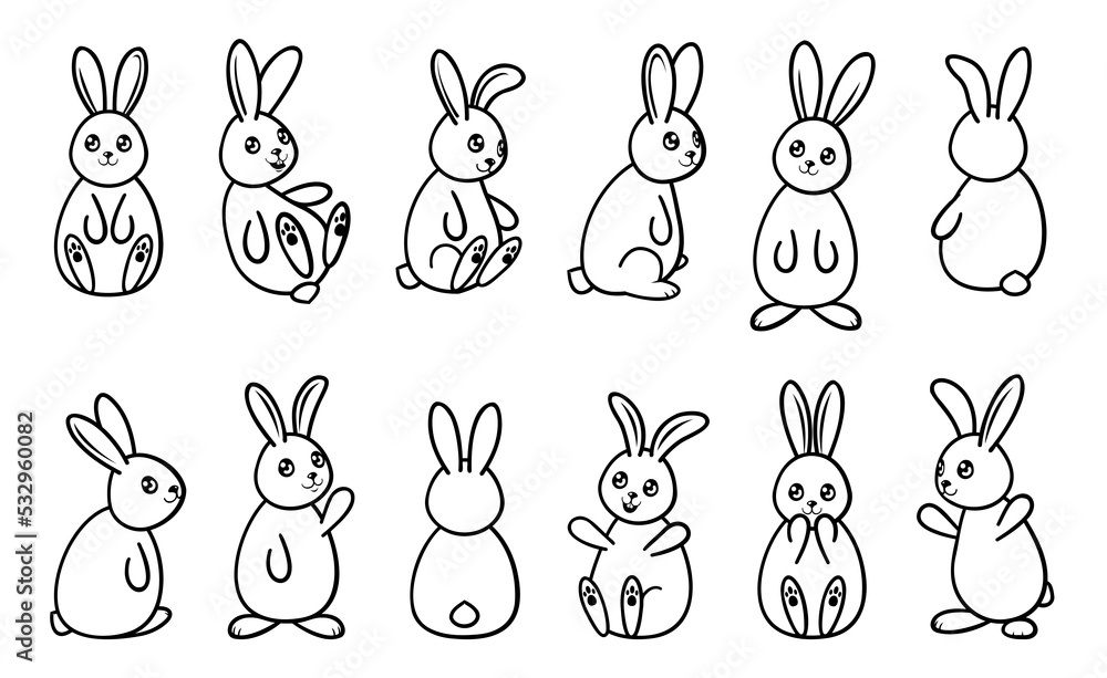 Bunny cartoon illustration set. Black thin line art cute animal illustration. Rabbits in different position isolated on white background.