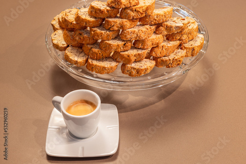 Cantucci biscuits - traditional Italian almond cookies and cup of espresso coffee