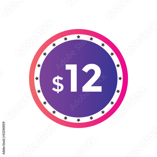12 dollar price tag. 12$ dollar USD price symbol. price 12 Dollar sale banner in USD. Business or shopping promotion marketing concept
