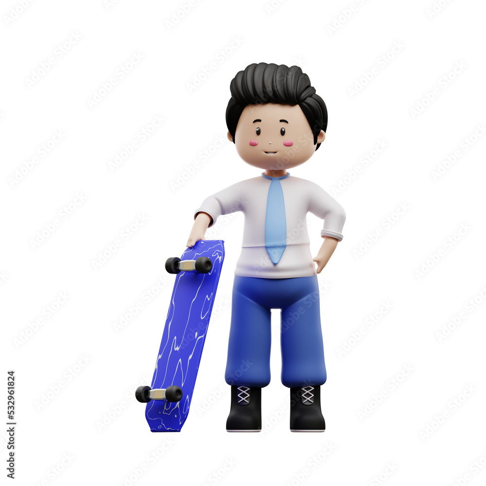 male student playing skateboard 3d rendering