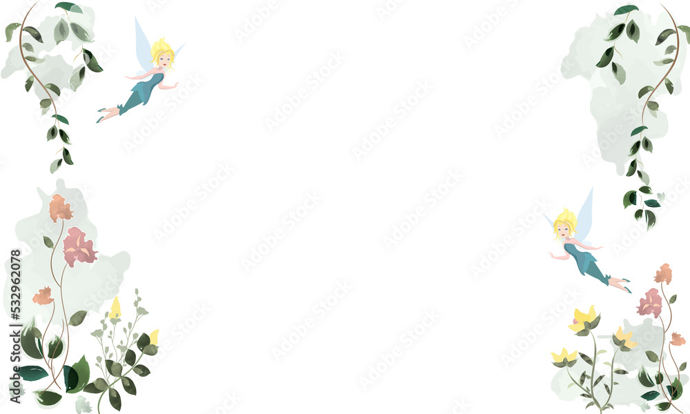 Floral background. Forest fairies. Frame Floral background. Forest fairies. Frame