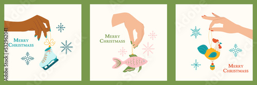 Woman hand with fish, ice skate and rooster. New Year toy and manicure. Christmas toy vector illustration
