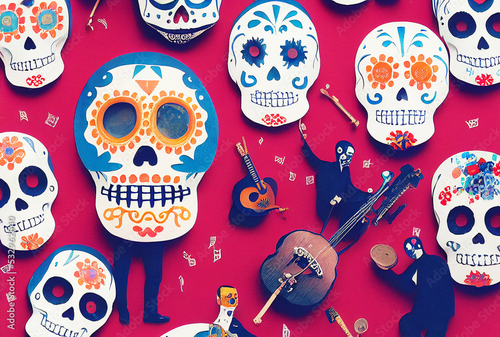 Day of Dead, Dia de los Muertos fiesta, skeleton in Mexican costumes and sombrero, play music and dance. Vector Dia de Los Muertos altar with marigold flowers and calavera skull.Collage digital art. Day of Dead, Dia de los Muertos fiesta, skeleton in Mexican costumes and sombrero, play music and dance. Vector Dia de Los Muertos altar with marigold flowers and calavera skull.Collage digital art.