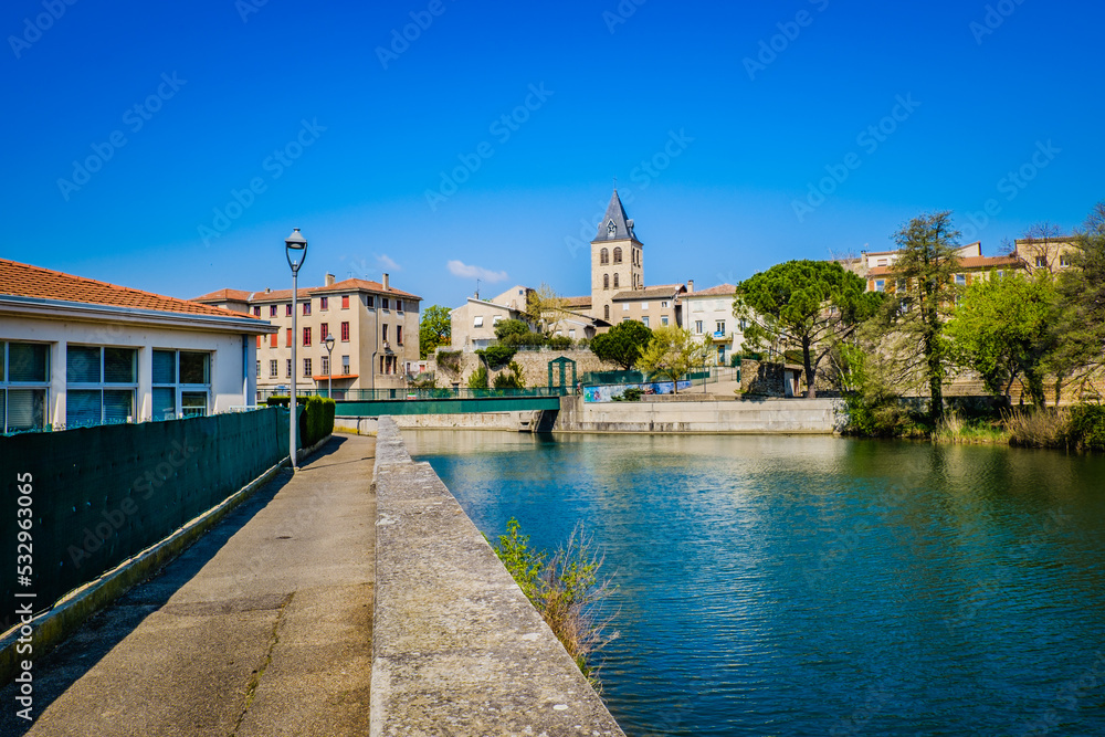 view at spring on the small town of Saint Vallier in Drome (France) and the Galaure river