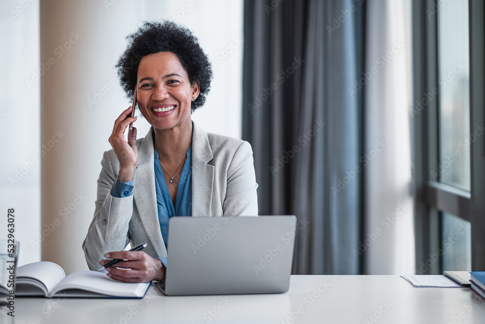 Portrait of confident female businesswoman company director, talking on ...