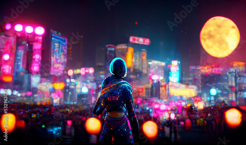 Digital illustration of a cyborg in a futuristic modern cyberpunk city.neon mega city with blue light.cityscape background.Modern buildings tech.night life cyberpunk, business district center. © Studio Multiverse