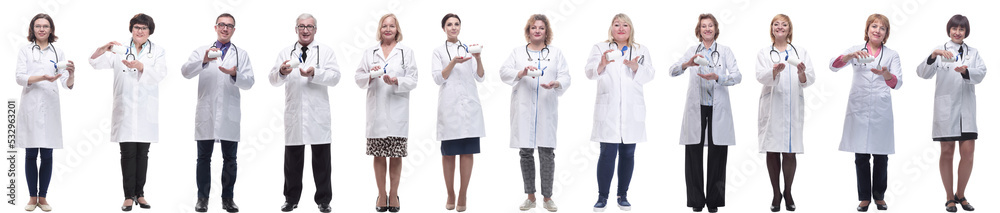 group of doctors holding jar isolated on white group of doctors holding jar isolated on white