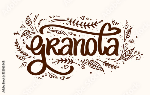 Granola logo vector. Muesli. Handmade calligraphy. Lettering, leaves with decorative elements. illustration healthy concept logotype. oatmeal porridge