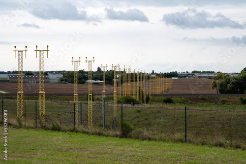Zaventem, Flemish Brabant Region, Belgium, Aerodrome beacons in a row on the meadows near the airport