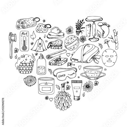 Sauna Doodle Set in heart background. Hand drawn bathing accessories. Vector outline illustration