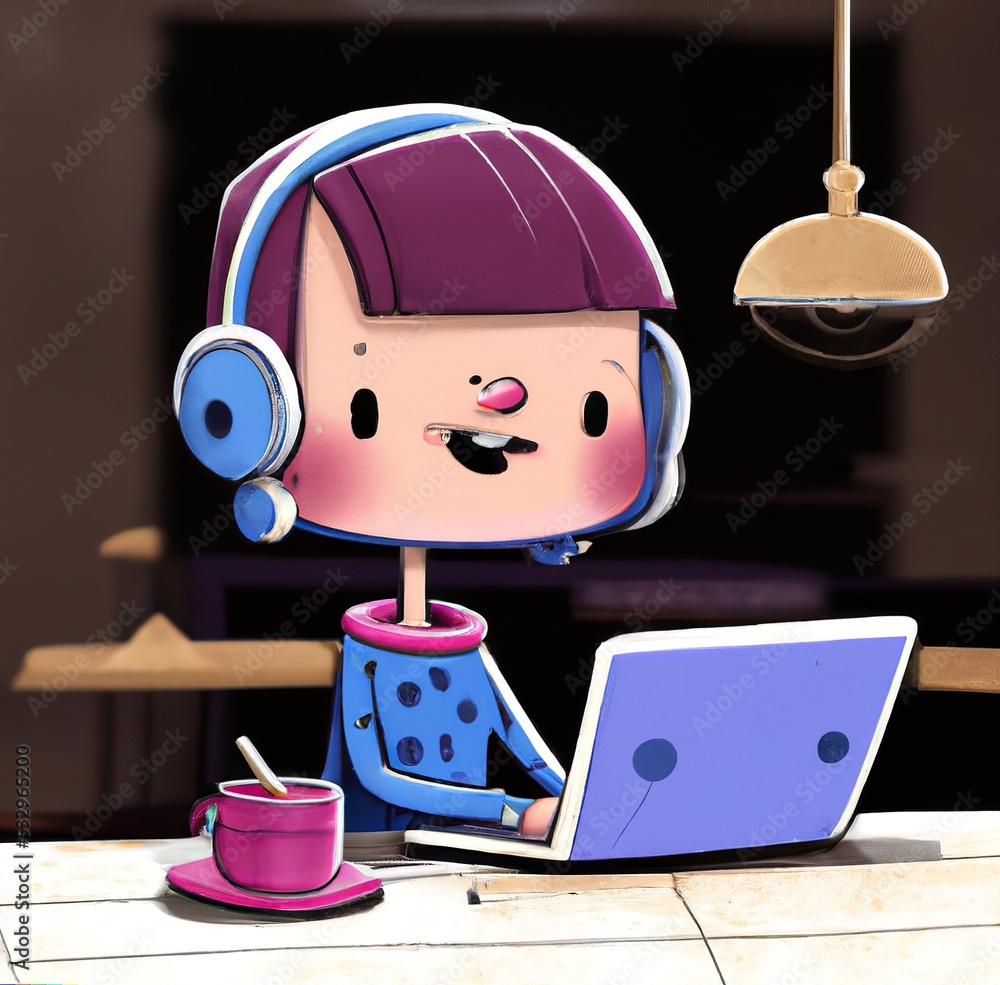 Young girl wearing headphones and working on his laptop in coffee shop,  digital illustration cartoon style Stock Illustration | Adobe Stock