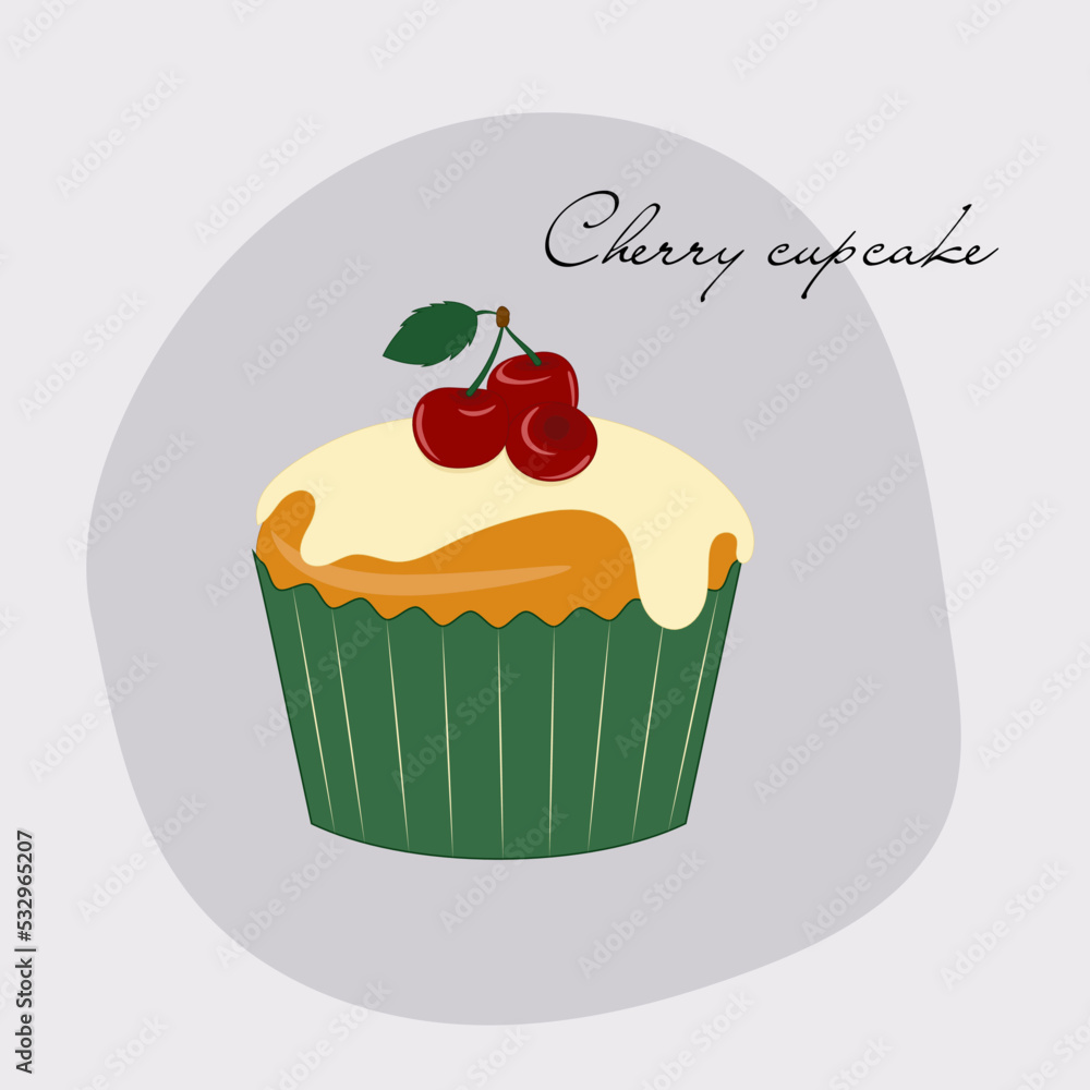 Cupcake with cherry and white icing Cupcake with cherry and white icing