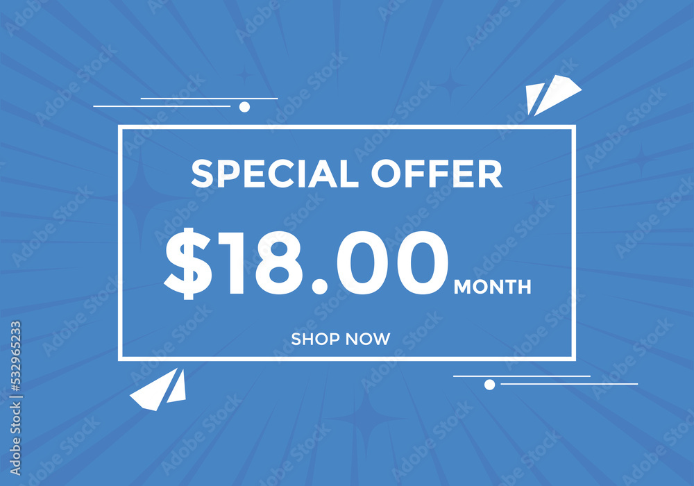 $18 USD Dollar Month sale promotion Banner. Special offer, 18 dollar month price tag, shop now button. Business or shopping promotion marketing concept
