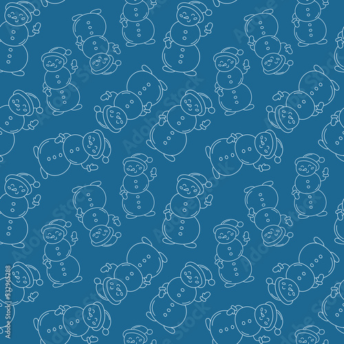Snowman cute simple pattern. Vector doodles seamless background with outline hand drawn snowmen in Santa cap. Xmas print design. Doodle repeat illustration