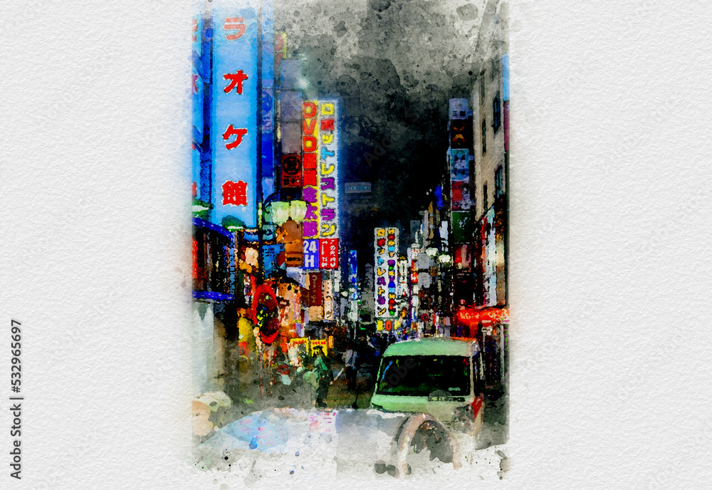 Obraz premium 夜の繁華街、東京新宿のネオン街、新宿駅前の風景、夜の大都会