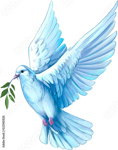 Fotografia white dove with a branch flies, symbol of peace,png illustration