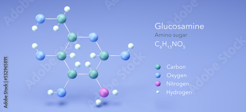 glucosamine, molecular structures, amino sugar, 3d model, Structural Chemical Formula and Atoms with Color Coding photo