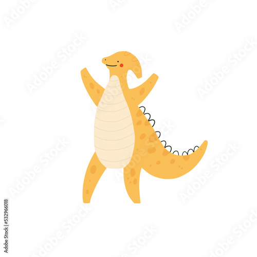 Cute parasaurolophus dinosaur. Funny dino character. Vector cartoon illustration.