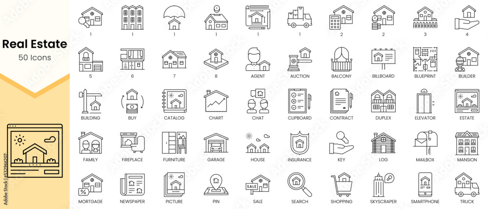Simple Outline Set ofReal Estate icons. Linear style icons pack. Vector illustration
