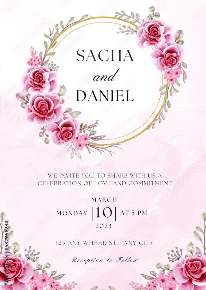 Pink Gold Free Wedding Invitation Card, beautiful floral wreath wedding invitation card template,pretty watercolor wedding card