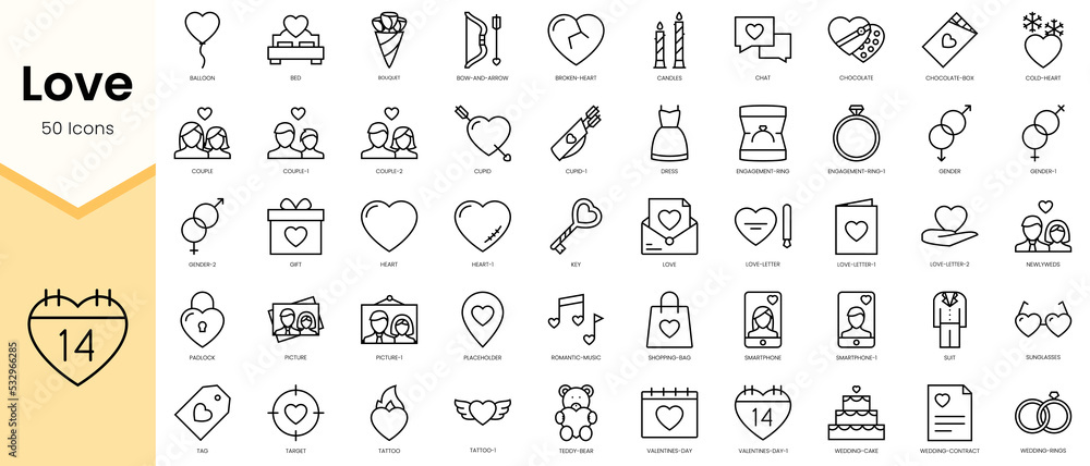 Simple Outline Set ofLove icons. Linear style icons pack. Vector illustration - obrazy, fototapety, plakaty 