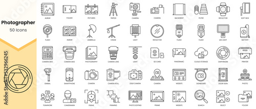 Simple Outline Set ofPhotographer icons. Linear style icons pack. Vector illustration