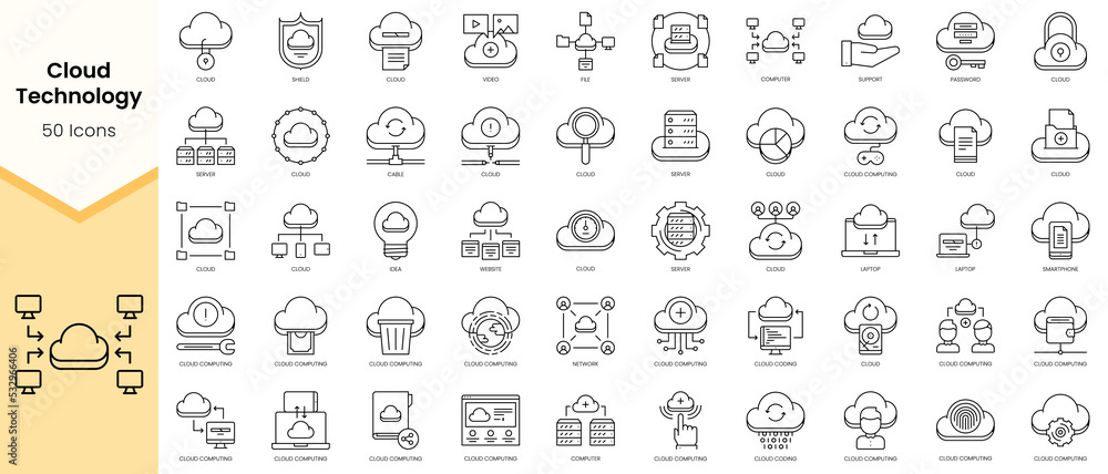 Simple Outline Set ofCloud Technology icons. Linear style icons pack. Vector illustration