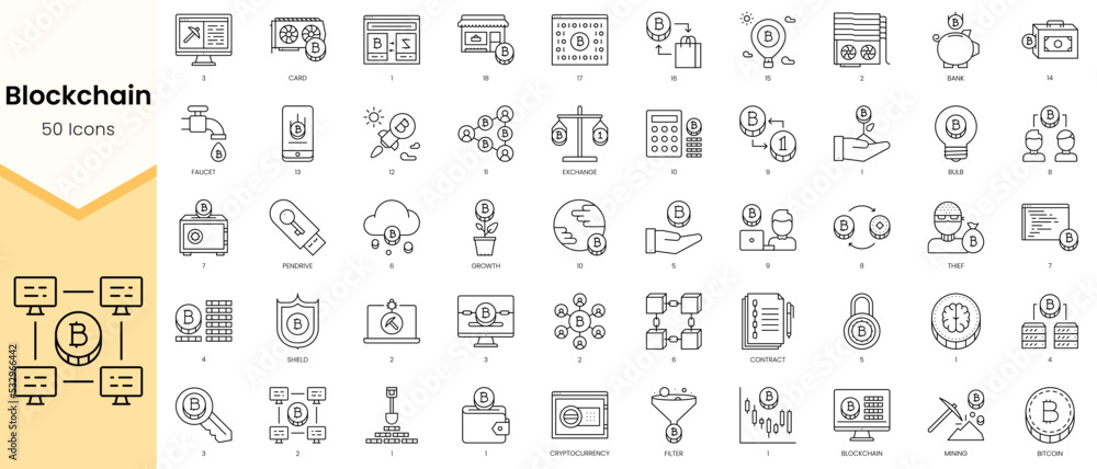 Simple Outline Set ofBlockchain icons. Linear style icons pack. Vector illustration