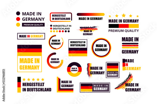 Made in Germany label set. Made in Germany stamp. Big set of label, stickers, pointer, badge, symbol and page curl with German flag icon on design element.