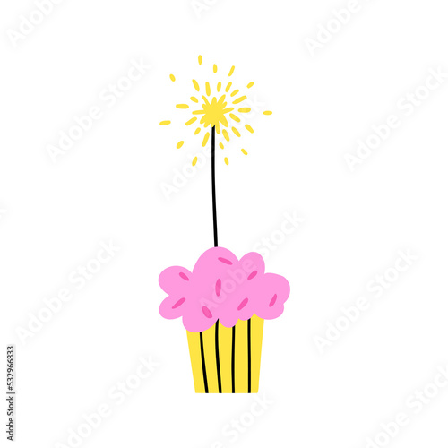 birthday cupcake with sparkler . vector flat illustration.