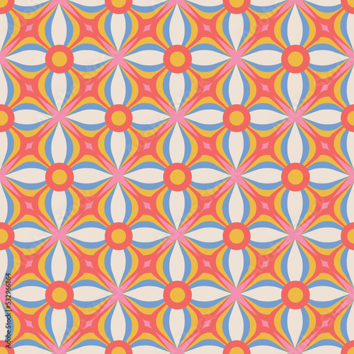 70 s Retro Seamless Pattern with geometric flowers. 60s and 70s Aesthetic Style. Vector colorful vector illustration.
