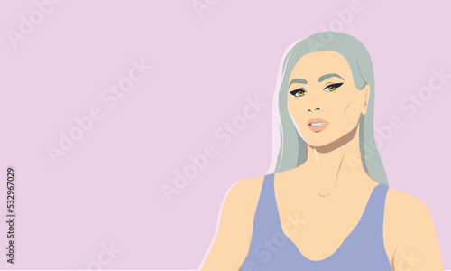 Portrait of a beautiful adult gray-haired woman with makeup on a pastel light purple background. Vector illustration