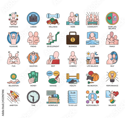 Set of work life balance thin line icons for any web and app project.