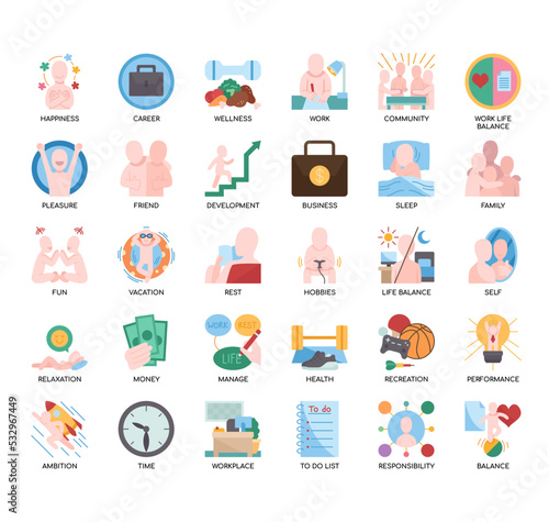 Set of work life balance thin line icons for any web and app project.