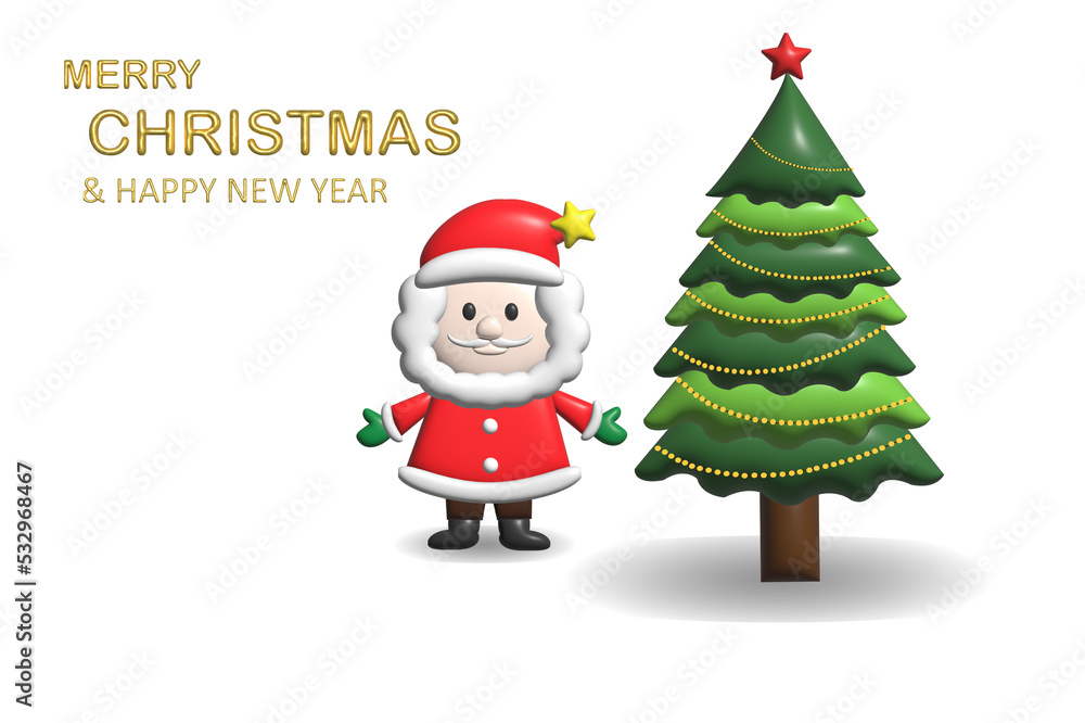 Fototapeta premium 3D Realistic cartoon santa claus and christmas tree decorations with gifts winter holiday design elements isolated white