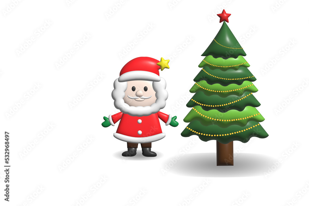 3D Realistic cartoon santa claus and christmas tree decorations with gifts winter holiday design elements isolated white 3D Realistic cartoon santa claus and christmas tree decorations with gifts winter holiday design elements isolated white