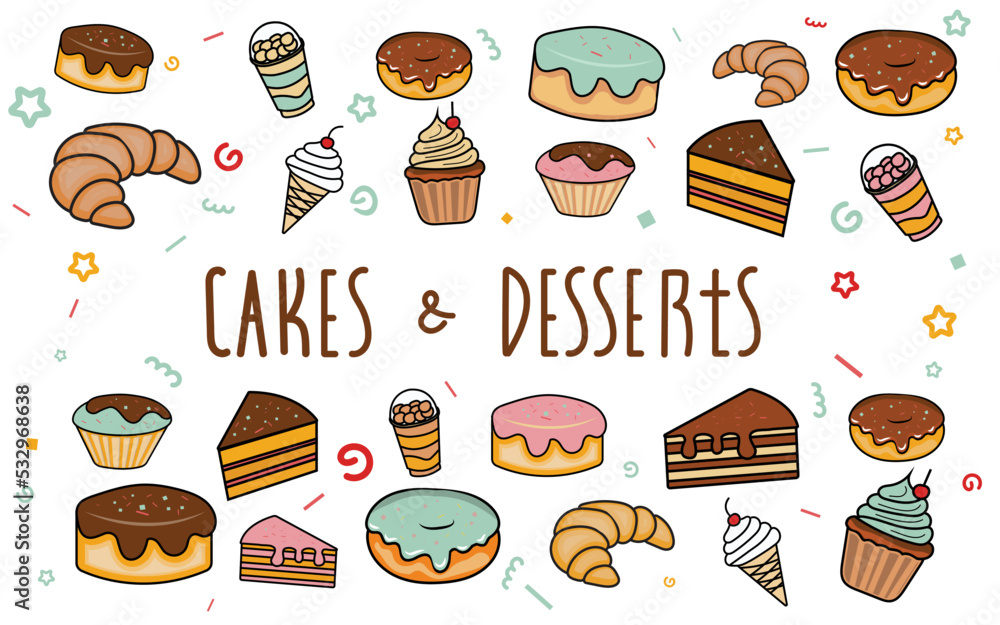 Set of different sweet desserts and cupcakes. Vector image.