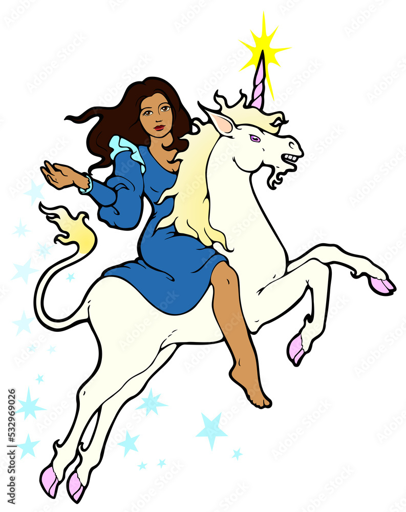 Young woman riding a unicorn, with sparkles Young woman riding a unicorn, with sparkles