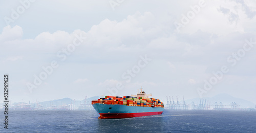 cago ship catainers leaving the seaport , global logistic business, 3d illustration rendering photo
