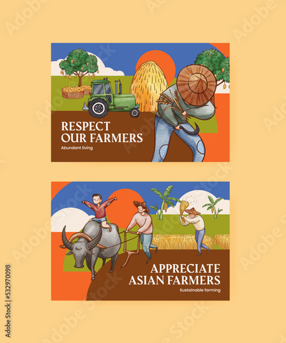 Facebook template with Asian farmer concept,watercolor style photo