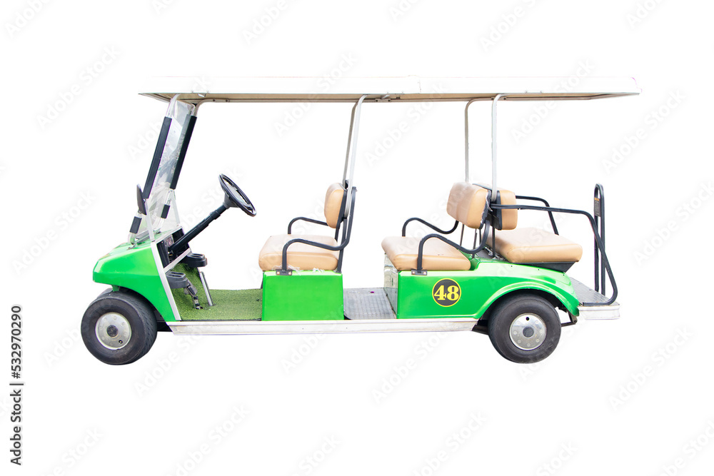 Golf carts or electric golf cart green for sports person with Clipping Part. Use electricity instead of fuel are widely used in sport of golf to run athletes on grass.	