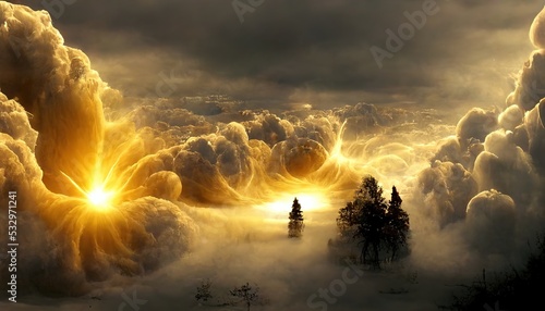 portal in dense smoke in the form of clouds. portal to the underworld. The edge of the portal glows yellow. Portal to another world, magical realism, parallel world, ancient runes, relics. 3d render