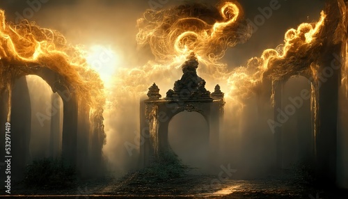 Wooden gate in thick smoke in the form of clouds to the portal to the underworld. The edge of the portal glows yellow. The sun rises on the left side of the forest. 3d render