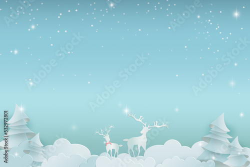 A reindeer standing next to a tree in the clouds  The night sky is snowing  sparkling