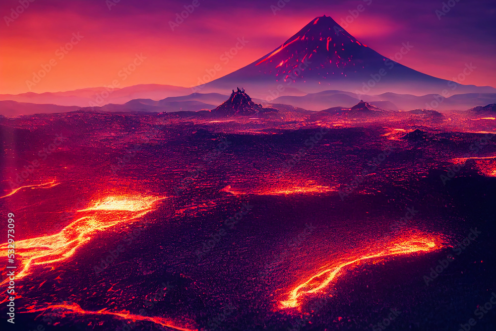 dark fantasy landscape with a volcano and odd hills, generative ai