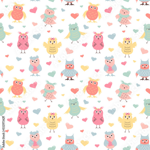 Cute owls in warm clothes and hearts seamless pattern. Scandinavian boho print.