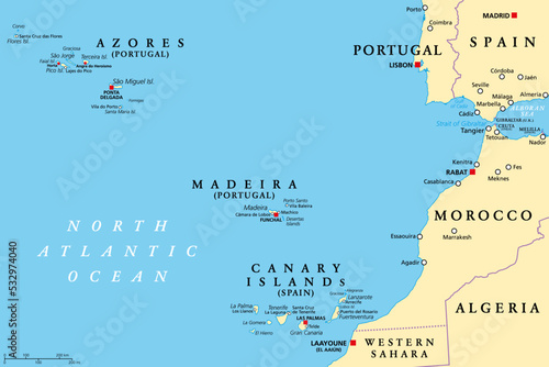 Azores, Madeira, and Canary Islands, political map. Autonomous regions of Portugal and Spain, archipelagos of volcanic islands, in the Macaronesia region of North Atlantic ocean, next to North Africa.