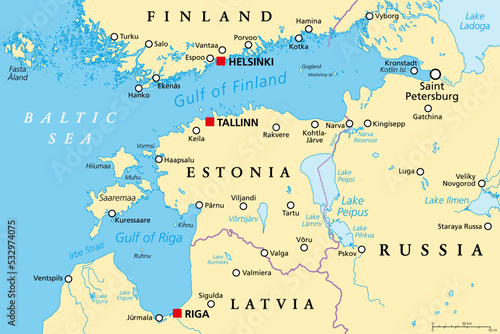 Gulf of Finland and Gulf of Riga region, political map. Nordic countries Finland, Estonia and Latvia with capitals Helsinki, Tallinn and Riga, and seaway from Baltic Sea to Saint Petersburg, Russia.