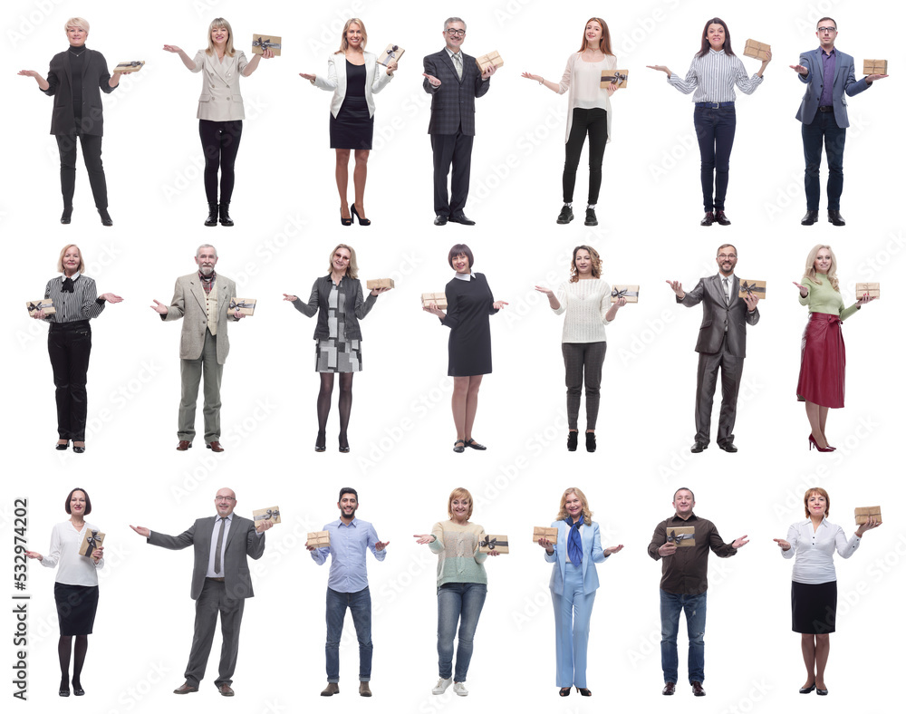 group of happy people with gifts in their hands isolated group of happy people with gifts in their hands isolated
